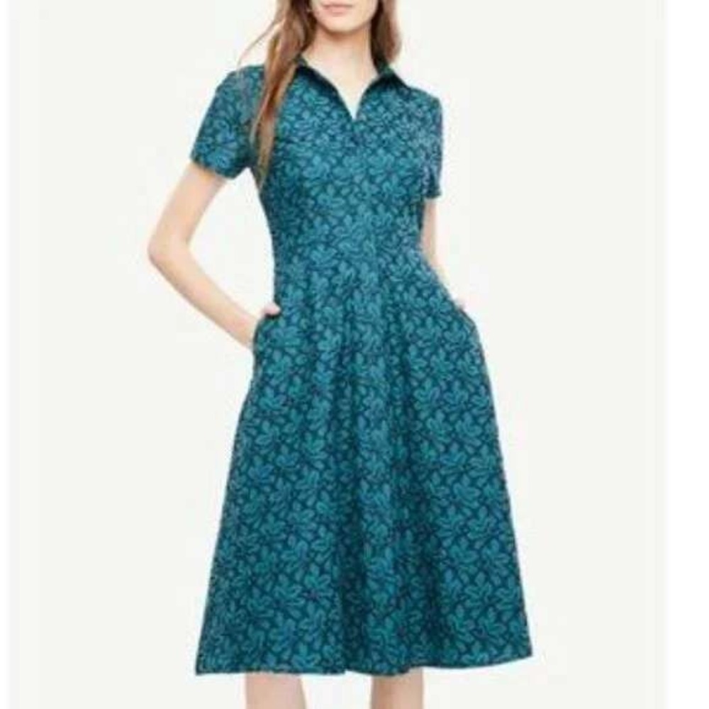 Ann Taylor Petite Teal Green Black Floral Eyelet Embroidery Midi Dress 2P Pocket